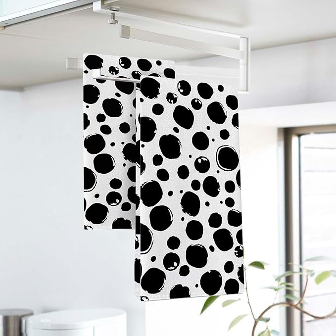 Black White Polka Dots Kitchen Dish Towels Set of 2, Spots Doodle Drying Hand Towel Baking Cooking Cloth, Modern Art Bathroom Home Decoration 18 x 26 Inches