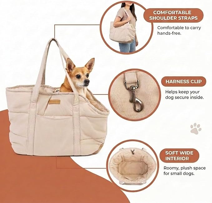Plush Dog Purse Carrier for Small Dogs, Soft Dog Tote Bag with Safety Harness Clip, Cozy Pet Carrier for Dogs Under 15 lbs, Comfortable Dog Shoulder Carrier for Travel, White