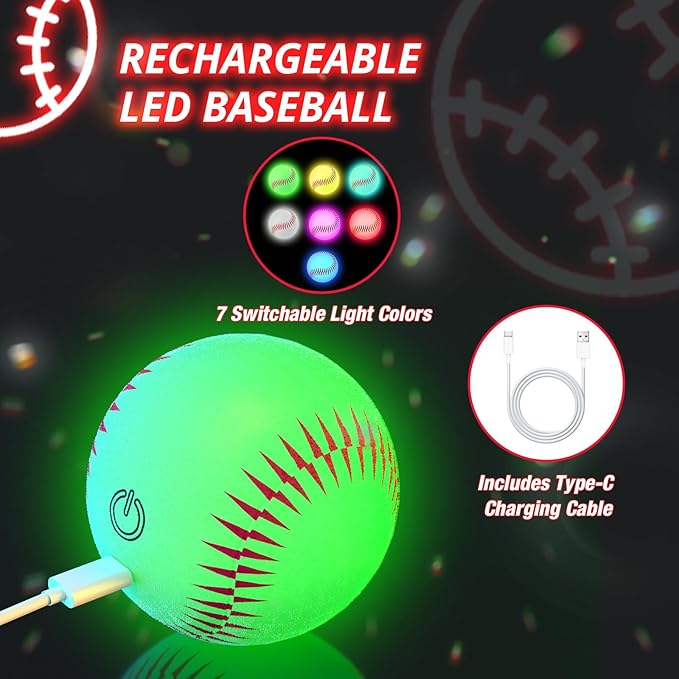Wee Wonders 3-in-1 LED T Ball Set for Kids, Adjustable Height, Hanging Tee Ball Set with Baseball Launcher/4 Softballs/Light Up Bat, TBall Stand Sport Toys, Baseball Gifts for Boys Girls Age 3-5