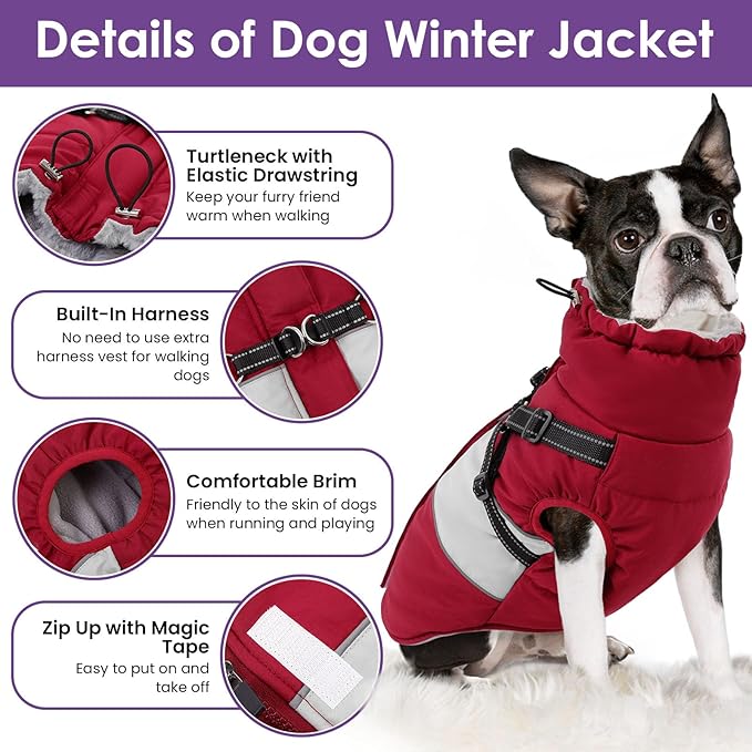 Dog Jacket, Large Dog Coat with Harness Built in, Warm Pet Winter Jacket Zippered Snow Coat with Furry Collar, Waterproof Fleece Snowsuit for French Bulldog, Burgundy L