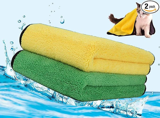 2 Pack Dog Towels Super Absorbent Pet Bath Towel Microfiber Dog Drying Towel for Small Dogs and Cats, Machine Washable, 11.8Inch x 23.6Inch, Yellow-Grey & Green-Grey