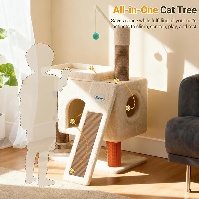 【Scratch & Playhouse】 PetDance Small Cat Tree Tower with Scratching Posts【100% Natural Sisal 】, Wood Track Ball Toy & Self-Grooming Brush for Bored Indoor Cats, Oatmeal
