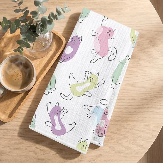 Hanamiya Na 4Pcs Cute Cat Kitchen Towels, Whimsical Decorative Absorbent Microfiber Dish Cloth Tea Towel, Durable Hand Towels for Farmhouse Home Bathroom, Cat Lover Gifts 1