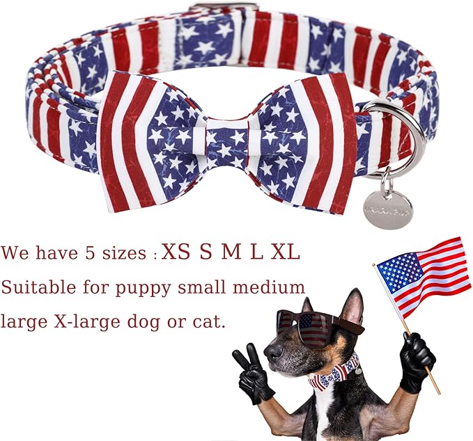 Dog Collar With Bow Tie, 4th of July Comfortable Cotton, American Flag for Medium Girl Boy, Patriotic Bowtie With Metal Buckle, M