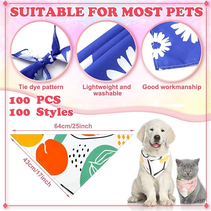 Huhumy 150 Pcs Boho Dog Bandanas Bulk Pet Bibs Colorful Triangle Scarf Pet Boho Bandanas for Medium Large Dogs Spring Summer Birthday Costume Decoration
