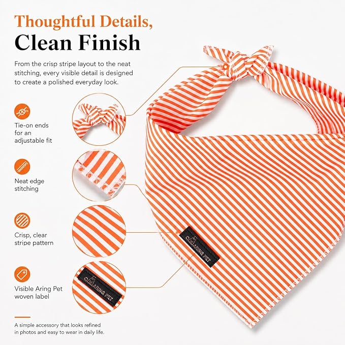 ARING PET Stripe Dog Bandanas, Cute Orange Pet Bandana Scarf Triangle Bib for Small Medium Large Boy Girl Dogs Cats, Puppy Kerchief for Daily Wear Walks Party Photos-S