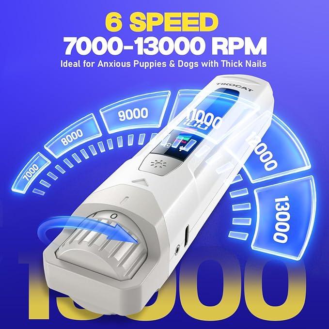 Whisper-Quiet Dog Nail Grinder, 50% More Powerful 6-Speed Pet Nail Trimmer with LED Display & 4 LED Lights, 3 Grinding Bits, No Over-Cutting, Stress-Free Grooming for Dogs, Cats & All Sensitive Pets