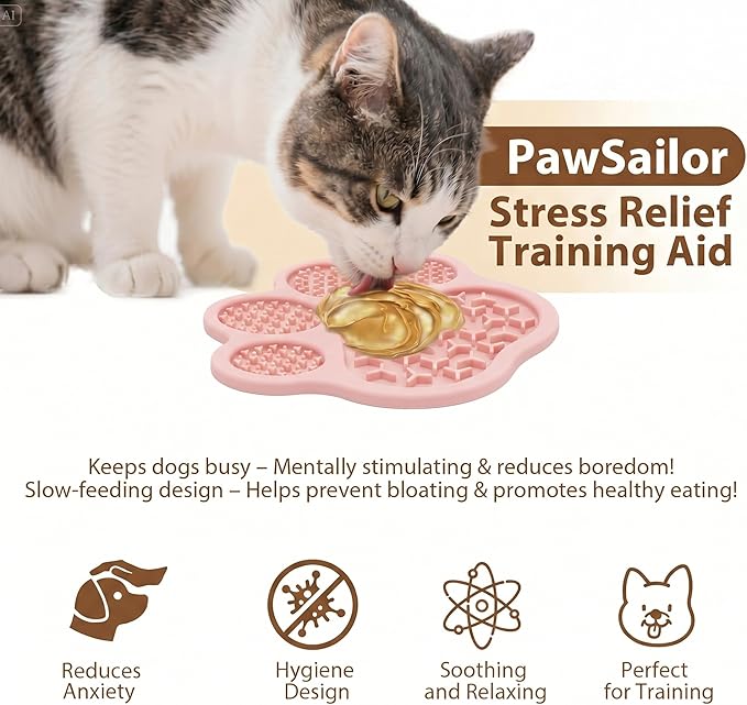 Lick Mat for Dogs and Cats, Slow Feeder Mats with Suction Cups - Bathing, Grooming and Training, Anxiety Relief Feeding Pad,Dishwasher-Safe (PBW03-Pink-paw)