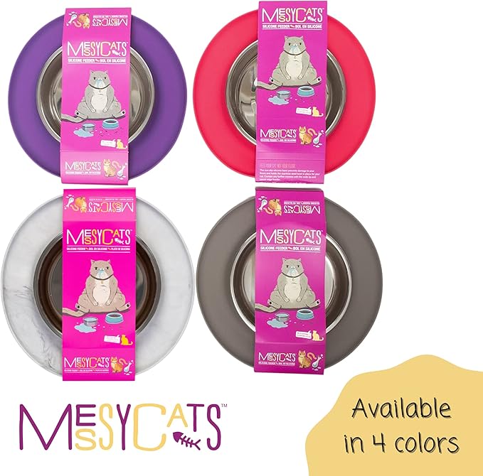 Messy Cats Single Silicone Feeder with Stainless Saucer Shaped Bowl | Anti-Slip Non-Skid Cat Food Bowl | One Cat Bowl in Feeding/Water Station | 1.75 Cups (Purple)