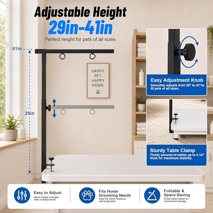 Foldable Dog Grooming Arm with Clamp, Adjustable Height 29"-41" for Small & Medium Dogs, Grooming Table Arm with Hammock and No-Sit Haunch Holders, Portable Home Salon Grooming Support