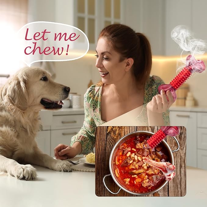 3-Pack Tough Dog Toys for Aggressive Chewers: Beef Flavored Long Lasting Dog Bones for Large Dogs, Heavy Duty Nylon & Rubber Dog Chew Toys to Keep Them Busy, Medium & Large Breed, Red