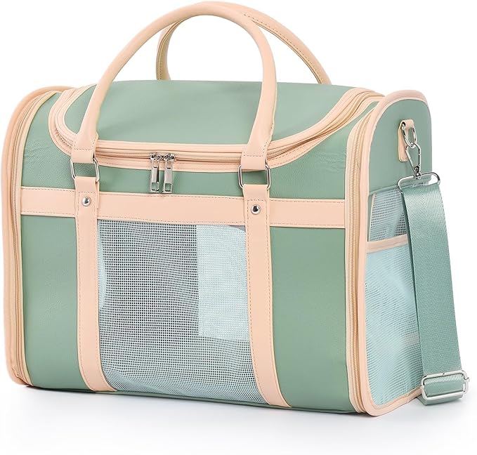 Luxury Mint Green PU Leather Pet Carrier Bag, Airline Compliant Portable Travel Crate with Breathable Mesh Panels & Shoulder Strap for Cats Small Dogs Travel & Vet Use
