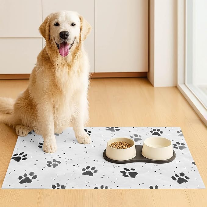 HOMETITUTE 24x16 inch Non Slip Dog Food Mat Pet Bowl Placemat for Food and Water Small Dog Bowl Mats Cat Food Mat Easy to Clean Feeding Mats for Small Pets Paw Print Design