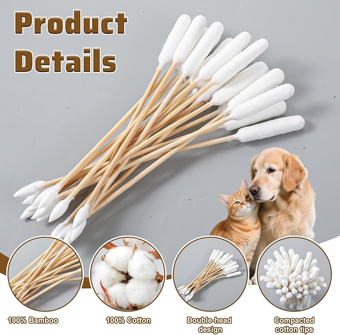 100 Pcs Double Sided Dog Ear Swabs Long Cotton Swabs Tips Cat Dog Ear Cleaner Long Cotton Swab Double Tip Soft Cottons Swab Ears Cleaning for Dogs' Ears Pet Grooming Bathroom Travel Use