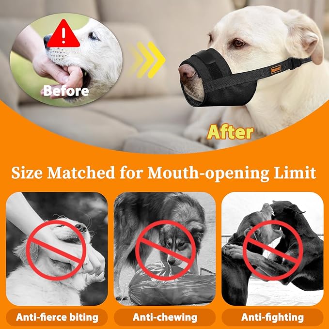 Mayerzon Dog Muzzle for Large Medium Small Dogs, Adjustable Fit, Soft & Sturdy Fabric, Prevents Fierce Barking Biting Chewing, Ideal for Grooming Walking Vet Visits, Allows to Pant Drink (Black, XL)