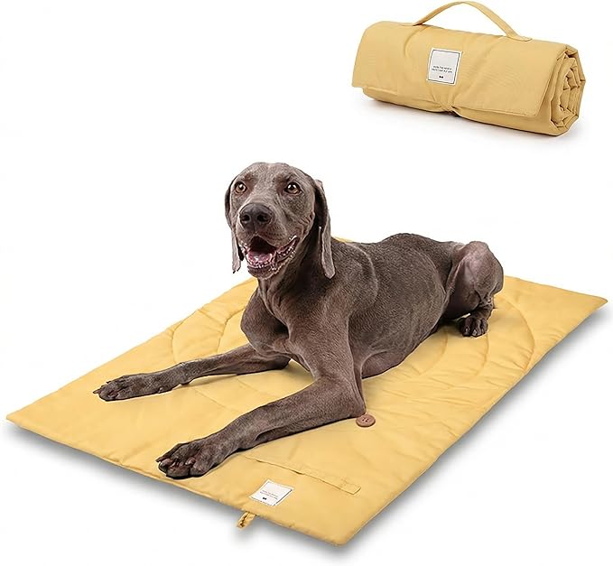 Travel Dog Bed | Camping Dog Bed | 37.4"x25.6" Waterproof Outdoor Dog Mat | Portable Place Mat for Dogs with Handle | Machine Washable | Easy Clean for Outdoor Adventures (Yellow, Medium)