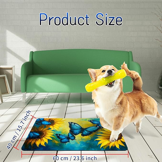 Dog Food Mat, 15.7" x 23.6" Absorbent Pet Feeding Mat for Food and Water, Waterproof Diatom Mud Pet Placemat with Non-Slip Rubber Backing, Cat Bowl Mat for Floors - Blue Butterfly Sunflower