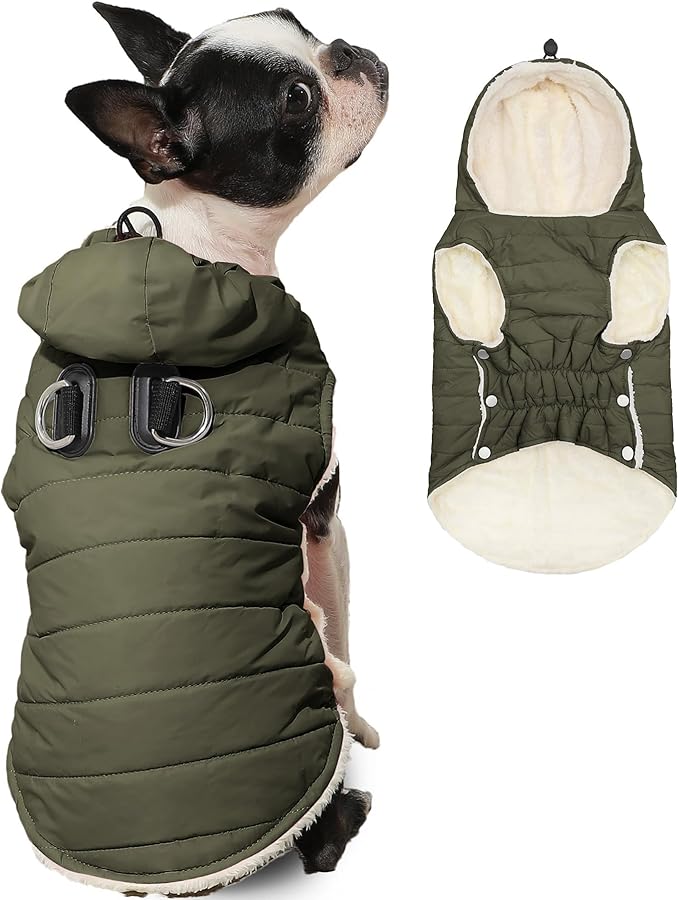 Vecomfy Fleece Lining Dog Hoodie with Harness Built in,Extra Warm Large Dog Jacket in Winter Doggie Coats with Drawstring Hooded,Green XXXL