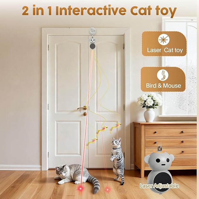 Interactive Cat Toys for Indoor Cats: 2 in 1 Cat Toy with Automatic Flying Bird & Mouse Wand, Smart Motion Mode Adjustable Speed, USB Rechargeable Safe for Bored Kittens and Adult Cats