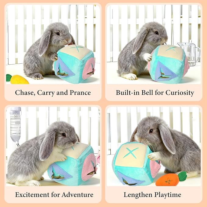 Large Rabbit Foraging Toy with Bell, Washable Puzzle Feed Game Rabbit Toy for Bunnies Boredom, Snuffle Ball Treat Dispenser Exercise Bunny Enrichment Toys, Bunny Toys for Indoor Bunnies(Blue)