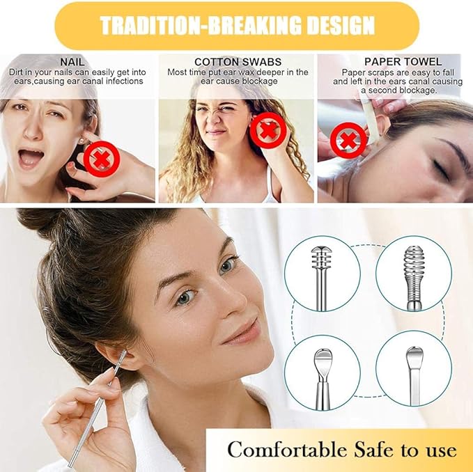6 Pcs Ear Pick Earwax Removal Kit, Cleansing Tool Set, Curette Cleaner, 360degree Spiral Design Canal Cleaner Stainless Steel,with a Storage Box Portable Kit (Yellow), 11.7x2.8x2cm