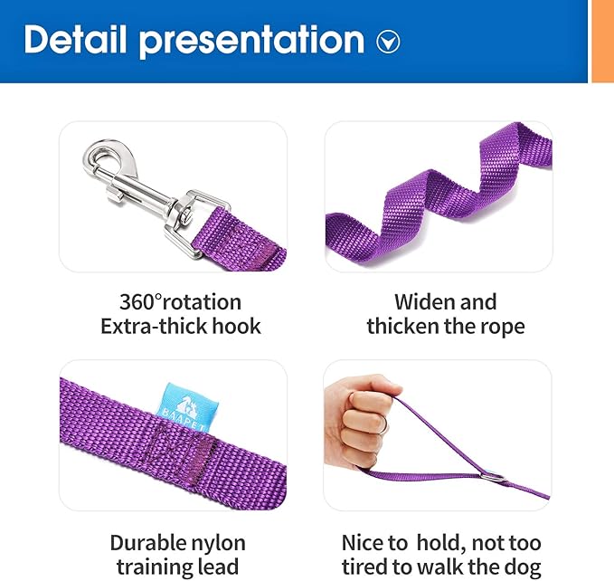 BAAPET 15/20/30/50/100 ft Long Dog Training Leash with Clickers for Small, Medium and Large Dogs or Cats (50 Feet, Purple)