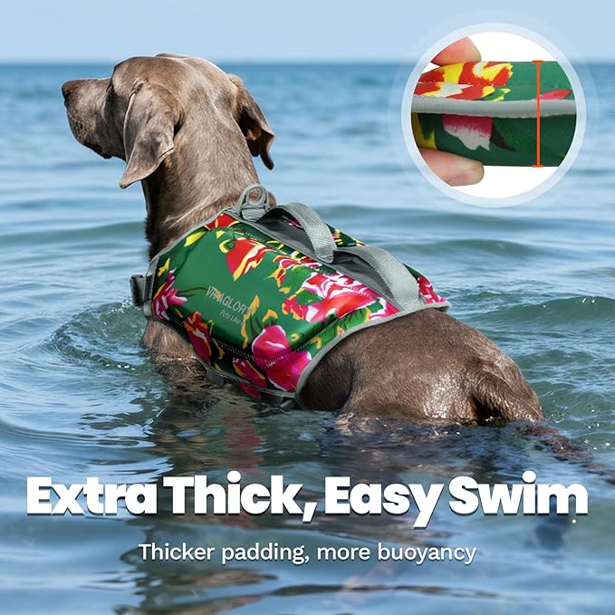 VIVAGLORY High Buoyancy Dog Life Vest, Swimming Vest with Handle, Dog Life Jacket for Swimming & Boating, Buoyancy for Puppy Doggy, XL, Northeast Florals-Green