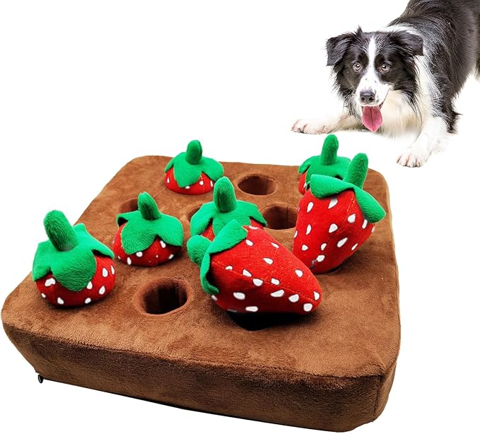 Snuffle Mat - Dog Strawberry Toy, Interactive Play Rug, Soft Plush Vegetable Field Design, Chew Resistant Training Mat | Fun Chewing Toy for Dogs, Pet Enrichment Game, Indoor Activity Pe
