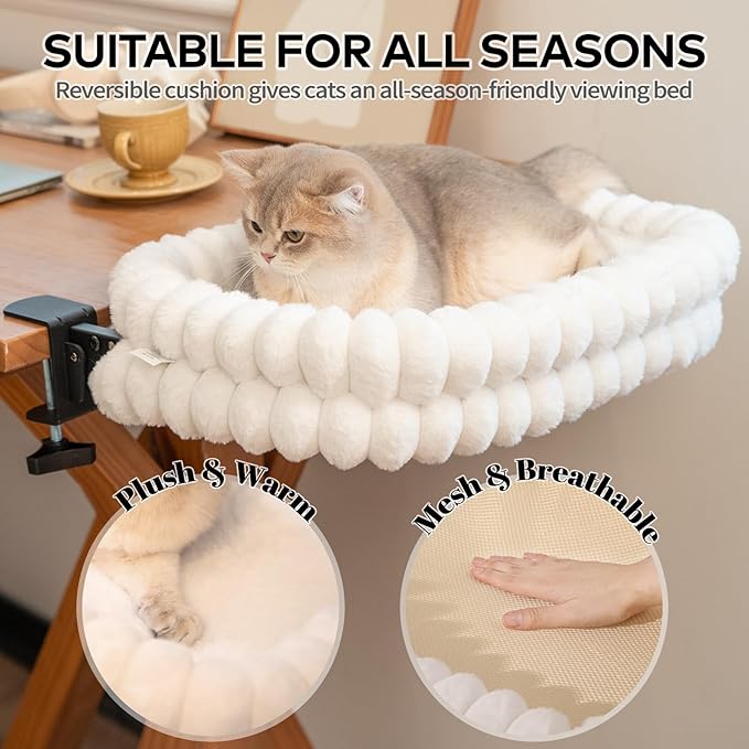 CHEERPALS Cat Desk Bed with Reversible Cushion, 90°Foldable Cat Hammock for Desk Mounted Removable & Washable, Suitable for Medium-to-Large Cats and Puppy, Cloud Series(White, Medium)