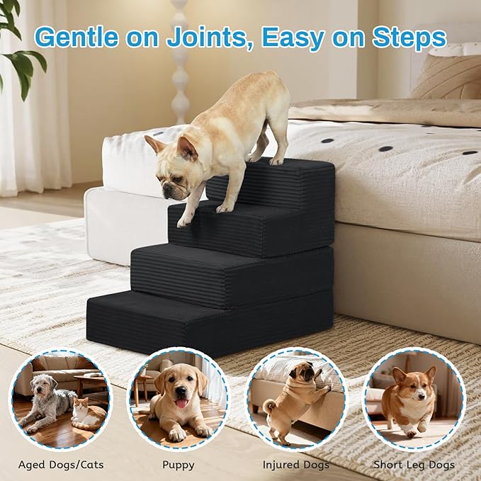 Dog Stairs for Small Dogs, 18" H Dog Steps for High Bed, 4 Steps 3 in 1 Foldable Pet Ramp for Large Cats Climb, Transformable Large Cats Ramp to Get on Couch, Non-Slip Balanced, Black