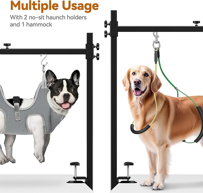 Dog Grooming Arm for Table, M Size, Adjustable 42" Height & 31"–43" Width, H-Shape Stable Grooming Stand, Clamp Fits up to 2.76", with Hammock & 2 Nooses for Home Grooming & Nail Trimming