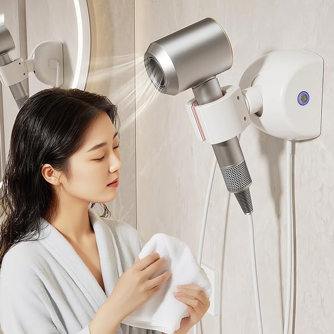 Automatic Rotating Hair Dryer Stand, Hands Free Blow Dryer Holder with 360° Auto Oscillation & Left-Right Swivel, Wall Mounted No Drilling, One-Button Start, for Styling, Pet Grooming & Phone Time