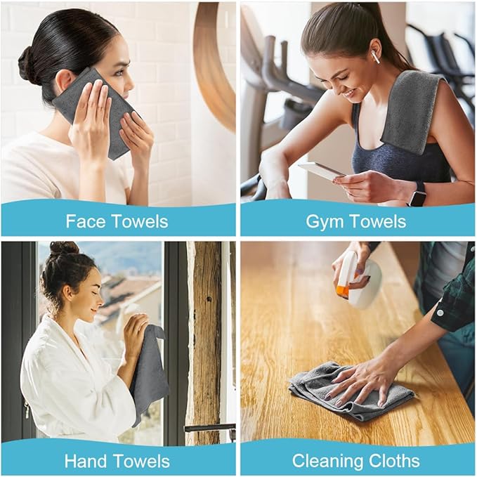 Orighty Microfiber Washcloths 20 Pack – Soft, Quick-Dry Face & Hand Towels for Travel, Gym, Spa, Hotel, 11.5"x11.5", Grey
