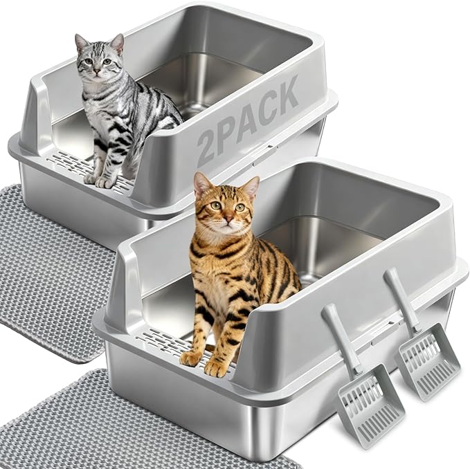 2PACK Stainless Steel Litter Box, Large Metal Cat Litter Box with High Sides Lid, Anti-Urine Leakage, Non-Sticky, Scoop and Mat Included