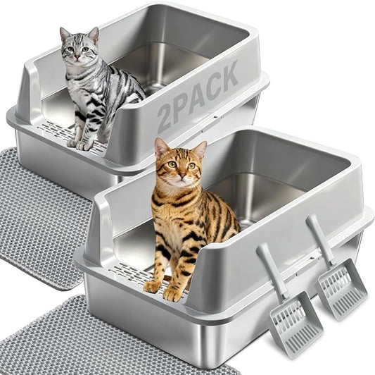 2PACK Stainless Steel Litter Box, Large Metal Cat Litter Box with High Sides Lid, Anti-Urine Leakage, Non-Sticky, Scoop and Mat Included