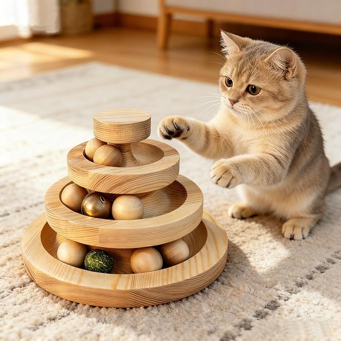 Solid Wood Cat Ball Track,Heavy Duty 3-Tier Interactive Cat Toy Tower with 9 Removable Balls,Bell & Catnip,No Assembly Required,Anti-Tip Sturdy Base for Indoor Cats, Kittens & Large Cats