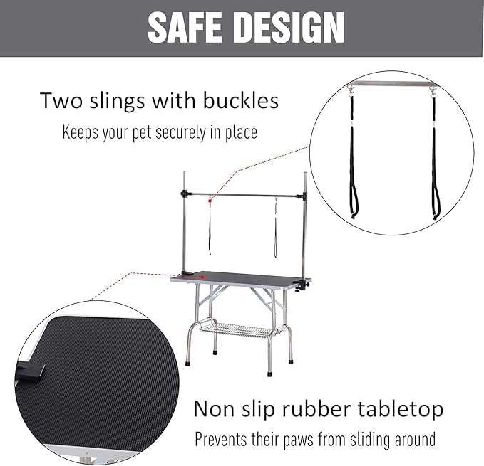 Pet Dog Grooming Table, Foldable Stainless Steel Pet Drying Grooming Table Up to 330lbs, Professional Bathing Desk for Dogs at Home with Adjustable Overhead Arms, Noose, Mesh Tray, 46''/Black