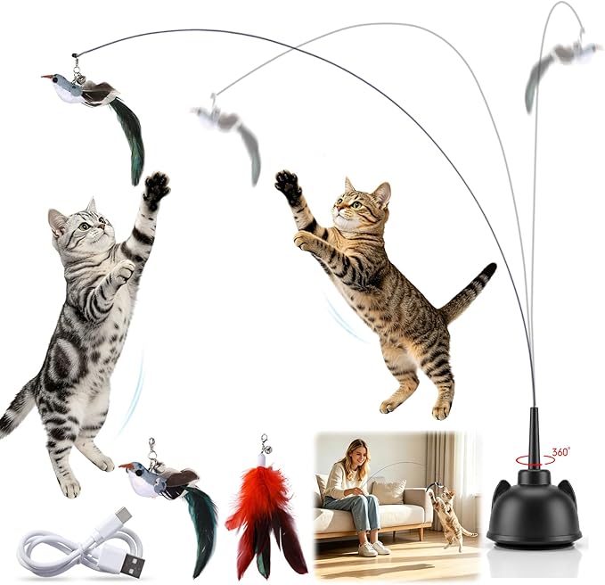 2 in 1 Electric Cat Wand Toy Interactive Cat Toys for Indoor Cats 360° Flying Bird Cat Toy, 2-Speed Fly Cat Chase Toy Automatic Cats Toys with Self ON/Off Suction Cup Electric Cat Teaser Wand