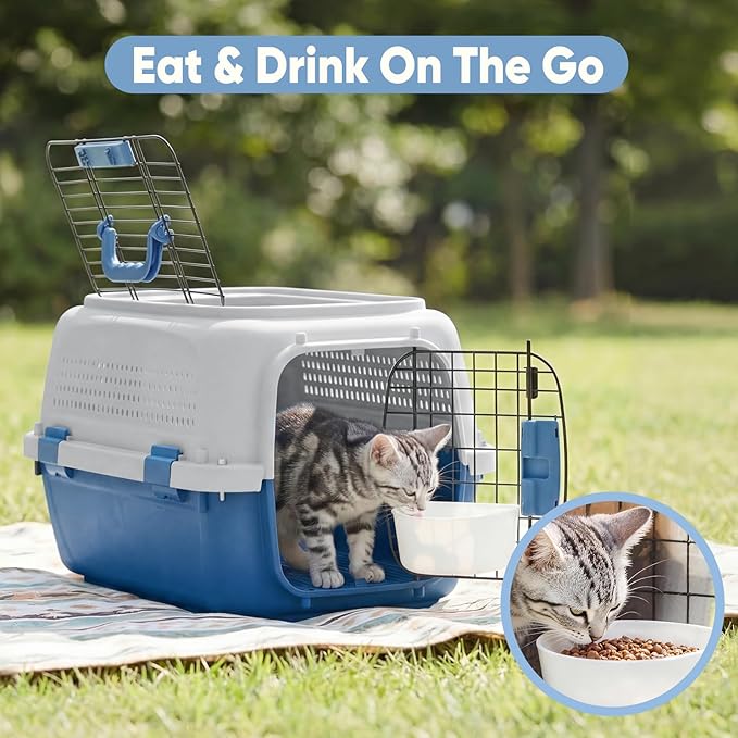 DUMOS 23" Hard-Sided Pet Carrier for Small Dogs & Cats, Airline Approved Travel Crate with Enhanced Security Latches, Front & Top Load Wire Door, Food Bowl for Traveling, Hiking, Camping, Blue