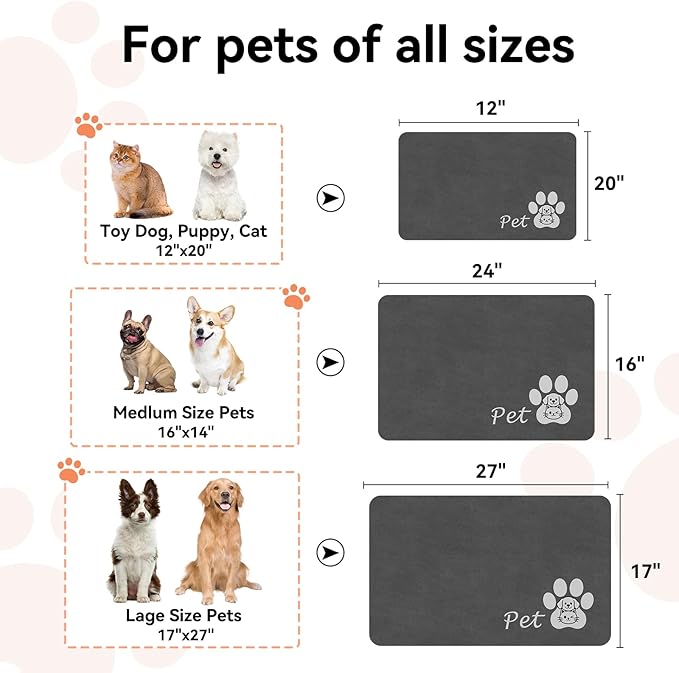 Dog Food Mat - Absorbent Cat Dog Bowl Mat for Food and Water, Quick Dry Pet Food Mats for Floors with Waterproof Rubber Backing, Puppy Cat Feeding Mats for Messy Drinkers,12"x20", Dark Grey
