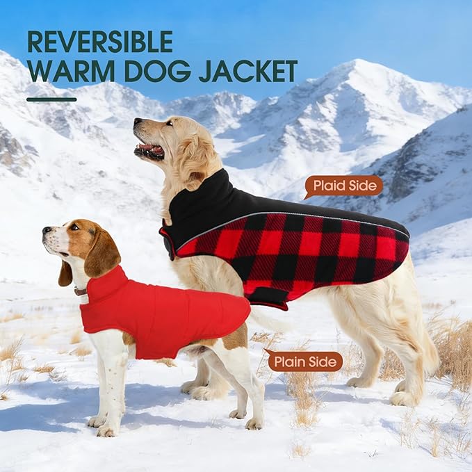 Kuoser Dog Winter Coat, Reversible Waterproof Dog Jacket with Reflective Strip, Warm Dogs Fleece Vest Adjustable Doggy Cold Weather Clothes Plaid Christmas Outfit Pet Apparel for Small Dogs, Red XS