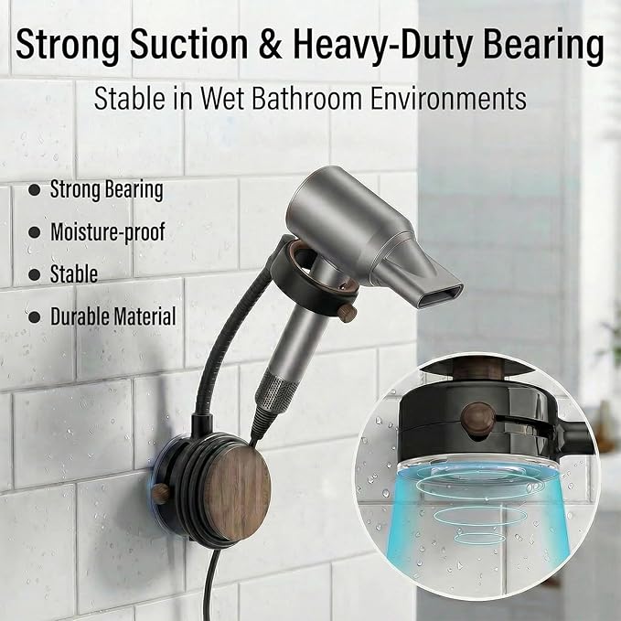 CTESNE【360° Rotating&No Drill Installation】Hands Free Hair Dryer Holder Wall Mount,Adjustable Height Suction Cup Blow Dryer Holder, Damage-Free Wall, with Cord Storage for Most Hair Dryers
