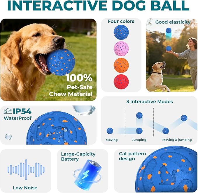 KITPLUS Smart Interactive Dog Ball Toys: Automatic Bouncing Rotating Moving, 3 Modes, Durable Material, Waterproof, Rechargeable Active Rolling Pet Toy for Medium Large Dogs Indoor Outdoor, Blue