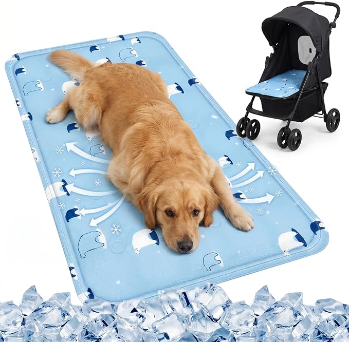 Nuanchu Dog Stroller Cooling Mat, Waterproof Gel Pet Cooling Pad for Summer, Washable Cat Sleeping Blanket, Portable Ice Gel Travel Mat for Cats, Crates, Car Seat(23.62 x 35.43 Inches,Sky Blue Bear)