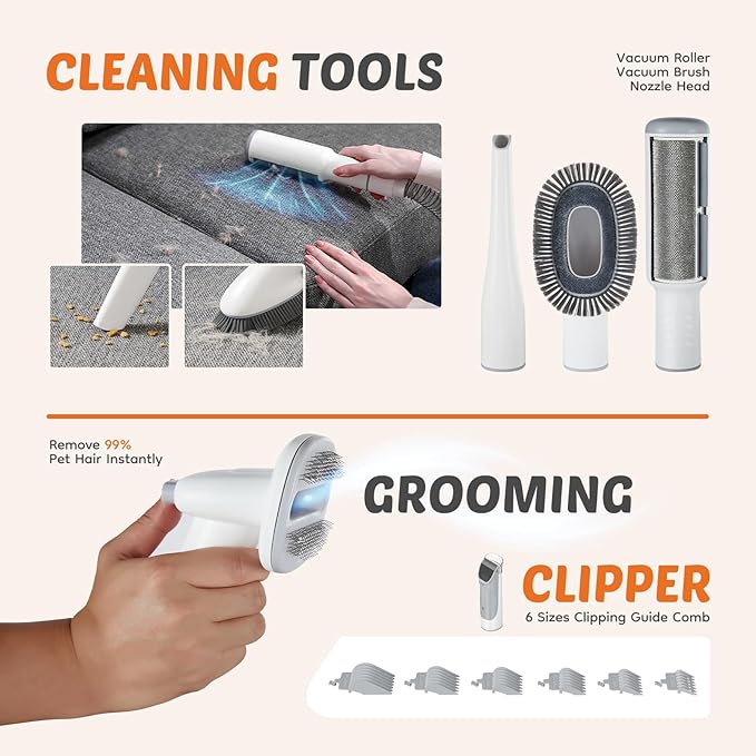 DUMOS Pet Grooming Vacuum Kit, 3 Adjustable Suction Modes Dog Clipper, 5 Professional Grooming Tools with Cordless Low Noise Cat Hair Clippers, 2.5L, Ivory