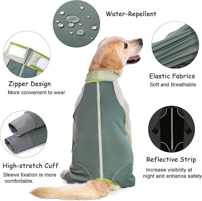 Dog Onesie Coat - Water-Repellent & Stretchable, Dirt-Resistant Outdoor Puppy Suit with Reflective Strips | Controls Shedding | for Small, Medium, Large Dogs (Olive Green, 7XL(Weight 100-138 lbs))