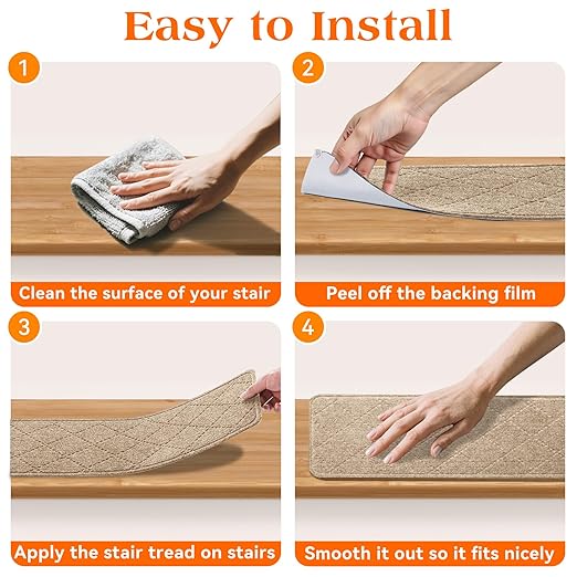 Stair Treads for Wooden Steps 18 PCS - 8’’ x 30’’, Non Slip Stair Runner, Machine Washable Stair Rugs Strips for Kids Pets and Elderly, Indoor Carpet for Stairs (Khaki)