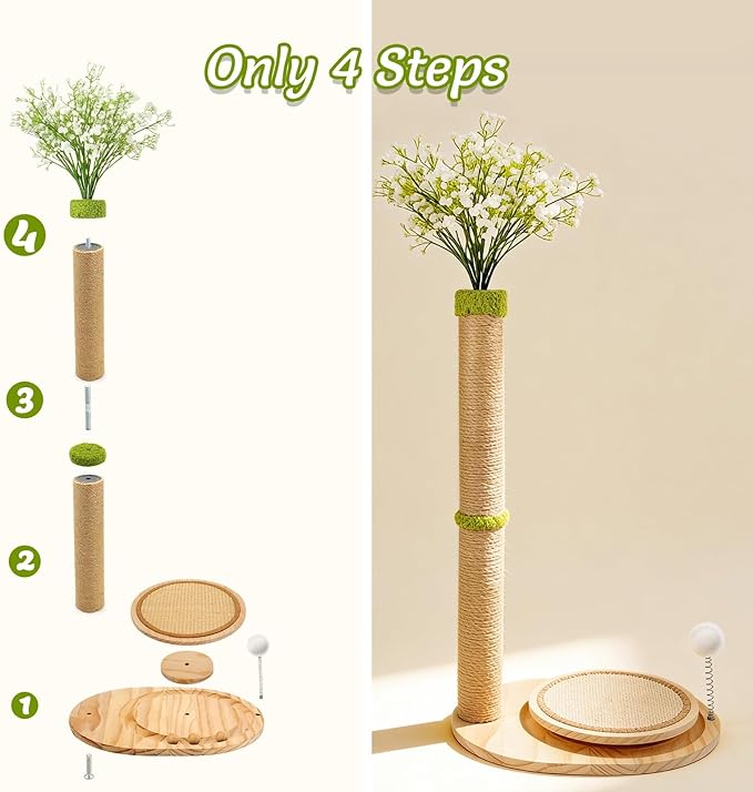 Cute Babys Breath Flower Cat Scratching Post, 39" Tall Cat Scratcher, Interactive Cat Toys with Ball Track & Spring Ball, Cat Scratch Post with Pad for Indoor Cats Adults and Kittens