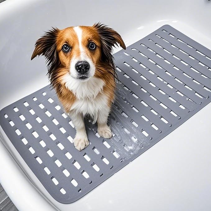 Bathtub Shower Mat, Pet Dog Bathing Non-Slip Mat, Dog Bath mat for tub, Quick Drain Bathtub Mat with Suction Cups & Drain Holes for Bathroom, 27 X 15.7 Inch (Khaki)