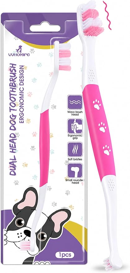 Dog Toothbrush – Newly Upgraded Dual-Head Design with 60° Wavy Bristles – Gently Surrounds Teeth for Deep Cleaning and Plaque Removal – Non-Slip Handle, Ideal for Daily Pet Dental Care (Pink, 1-Pack)